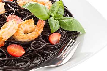 Image showing Black spaghetti with shrimps