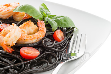 Image showing Black spaghetti with shrimps