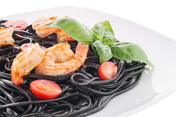 Image showing Black spaghetti with shrimps