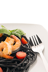 Image showing Black spaghetti with shrimps