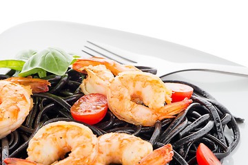 Image showing Black spaghetti with shrimps