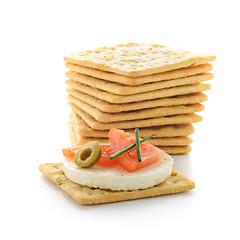 Image showing Crackers with cheese and tomato