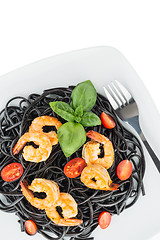 Image showing Black spaghetti with shrimps