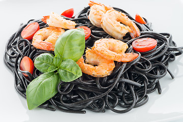 Image showing Black spaghetti with shrimps