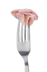 Image showing Slice of ham skewered on a fork 