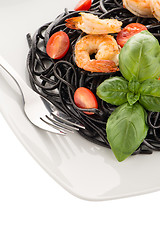 Image showing Black spaghetti with shrimps