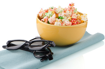 Image showing Bowl of popcorn and 3D movie glasses