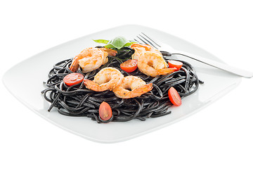 Image showing Black spaghetti with shrimps