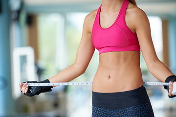 Image showing young fit woman measuring belly