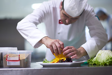 Image showing chef in hotel kitchen preparing and decorating food