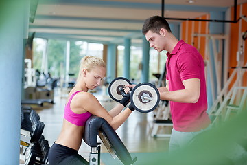 Image showing young sporty woman with trainer exercise weights lifting