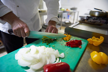 Image showing chef in hotel kitchen  slice  vegetables with knife