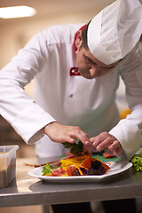 Image showing chef in hotel kitchen preparing and decorating food