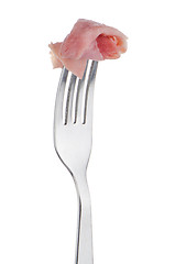 Image showing Slice of ham skewered on a fork 