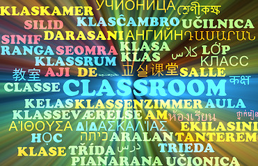 Image showing Classroom multilanguage wordcloud background concept glowing