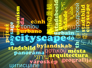 Image showing Cityscape multilanguage wordcloud background concept glowing