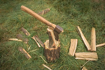 Image showing Firewood and old axe