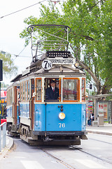 Image showing Vintage wooden blue tram, Stockholm, Sweden, Europe.