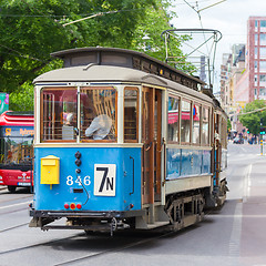 Image showing Vintage wooden blue tram, Stockholm, Sweden, Europe.