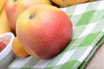 Image showing mandarin, bananas and apples, fresh food close up
