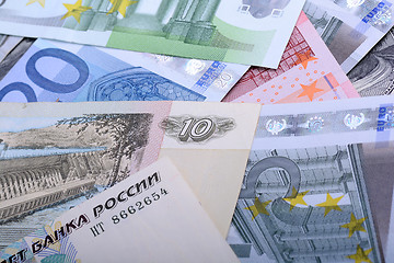 Image showing Heap from dollars, the Russian rubles and euro