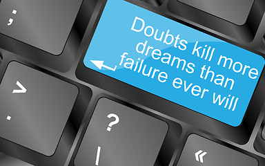 Image showing Doubts kill more dreams than failure ever will. Computer keyboard keys with quote button. Inspirational motivational quote. Simple trendy design