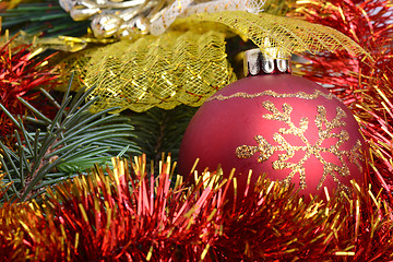 Image showing Christmas border with ornament, red present and snow