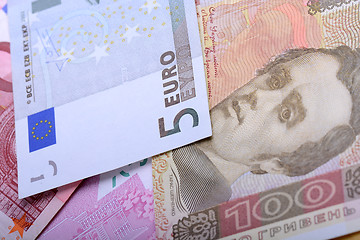 Image showing Two currencies - ukrainian grivna and european Euro