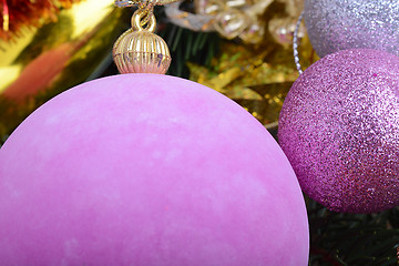 Image showing Christmas Baubles with tree branch, new year holiday concept 