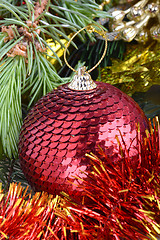 Image showing Christmas baubles on christmas tree. new year invitation card