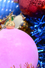 Image showing Christmas tree branch with decoration ball, new year holiday card