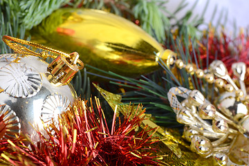 Image showing Christmas tree branch with decoration ball, new year holiday card