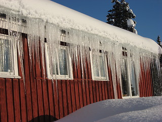 Image showing Ice cycles hanging from a roof