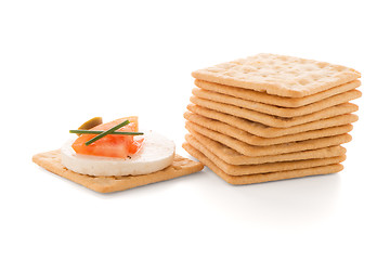 Image showing Crackers with cheese and tomato