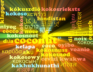 Image showing Coconut multilanguage wordcloud background concept glowing