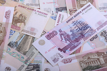 Image showing Russian money background. Rubles banknotes closeup texture