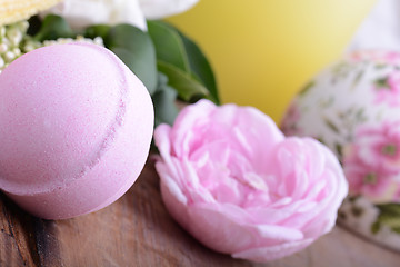 Image showing Spa theme with candles and flowers on wooden background