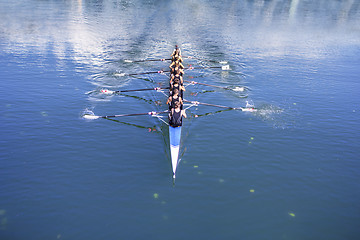 Image showing Boat coxed with eight Rowers