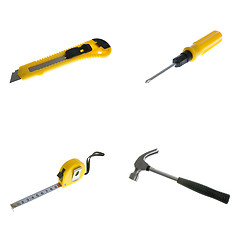 Image showing Knife, screw driver, tape and hammer
