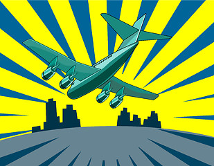Image showing Airplane landing with buildings