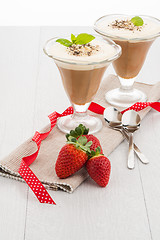 Image showing Chocolate mousse and strawberries