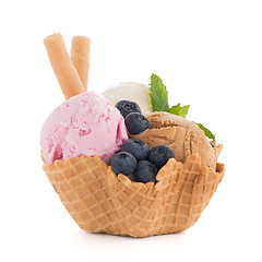 Image showing Ice cream scoops in wafer bowl