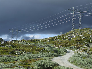 Image showing Natural landscape and electricity pylons