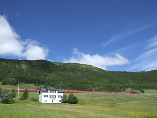 Image showing Rural landscape and red train