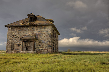 Image showing Storm Clouds Prairie Sky stone house