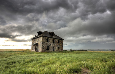 Image showing Storm Clouds Prairie Sky stone house