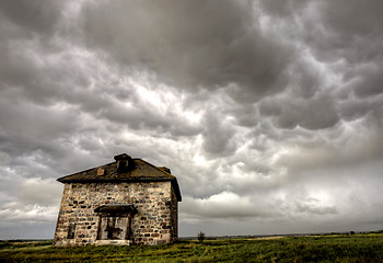 Image showing Storm Clouds Prairie Sky stone house