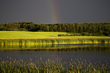 Image showing Storm Clouds Prairie Sky Rainbow