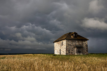 Image showing Storm Clouds Prairie Sky Stone House