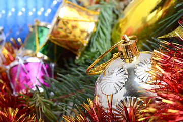 Image showing Christmas tree branch with decoration ball, new year holiday card